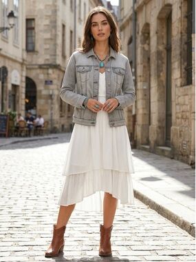 Buffalo David Bitton Light Gray Denim Jacket with Turquoise Distressing